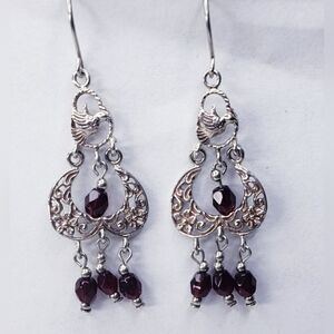 Floral With Faceted Garnet Bead Charms Dangle Sterling Silver Earrings